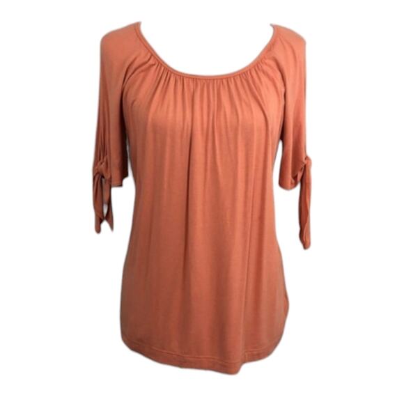 ST JOHN Knit Bow Top Size S Short Sleeve Sweater Burnt Orange Slits On Sleeve - Picture 1 of 7